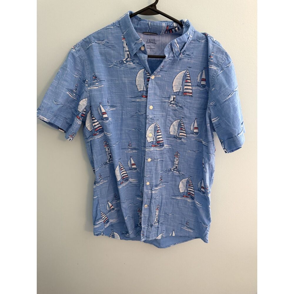 IZOD Saltwater Blue Sailboat Button Down Shirt Mens Large Coastal Grandfather